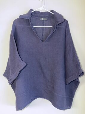 Alberto Magali Navy Blue Linen Tunic Top Large Made in Italy Oversized Luxury